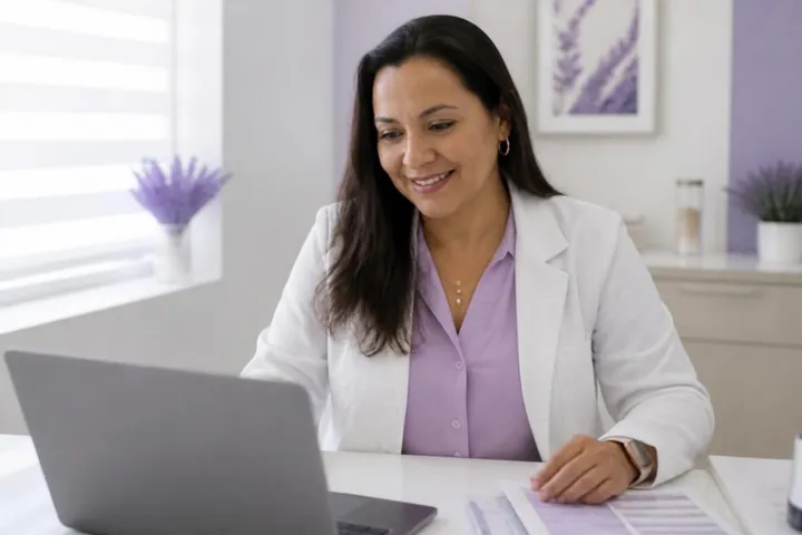 Médica revisando resultados en su computadora