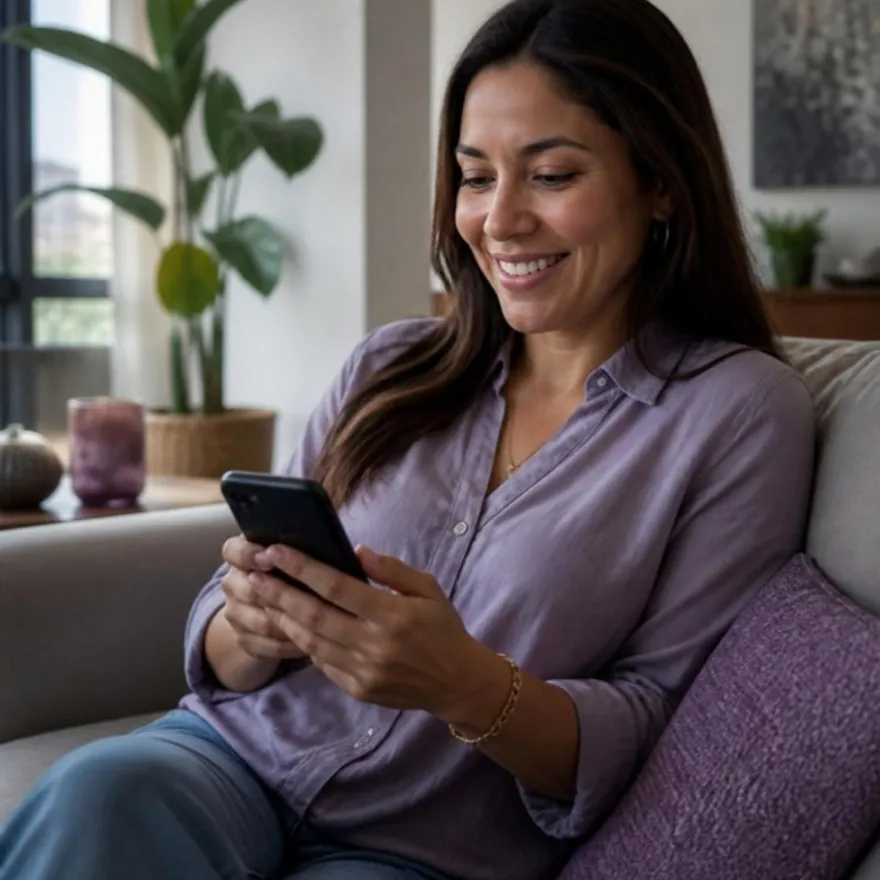 Mujer sonriente en el sofá de su casa, revisando su teléfono